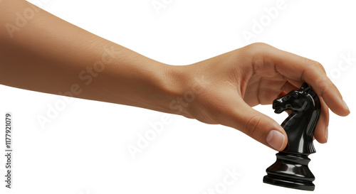 Hand holding a knight chess piece, playing a chess match game, finger, arm, isolated transparent png photo