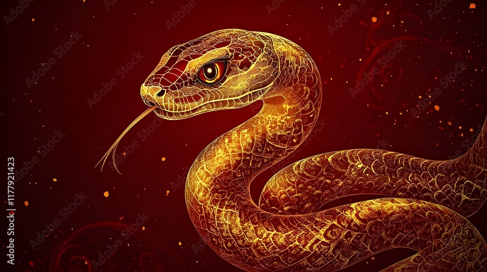 Obraz premium Radiant Gold Snake – Zodiac Symbol of Prosperity for 2025, Perfect for Lunar New Year Decor and Cards