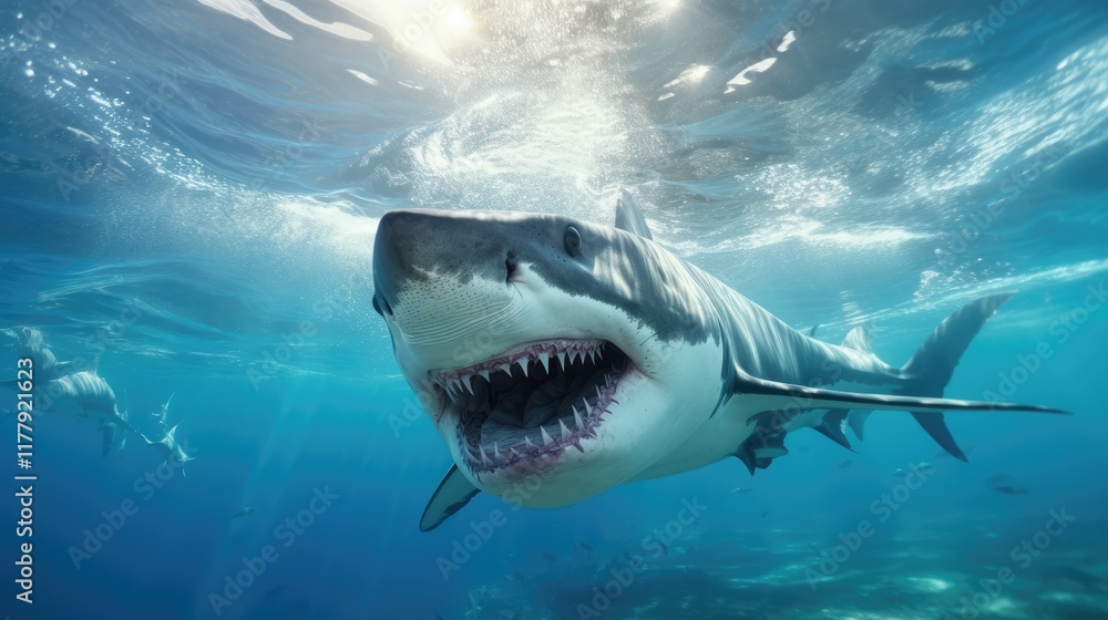 Fototapeta premium Fierce underwater predators showcase aggression with sharp teeth and warning sign.