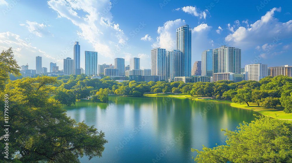 Naklejka premium Żywa panorama miejskiego krajobrazu z widokiem na zielony park ukazująca harmonię między nowoczesną architekturą a naturą.