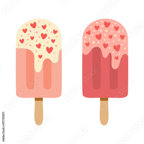 Valentines day popsicle ice cream vector set with hearts and sprinkles