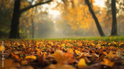 Wallpaper Mural Autumn leaves covering ground in park, sunlit trees in background. Torontodigital.ca