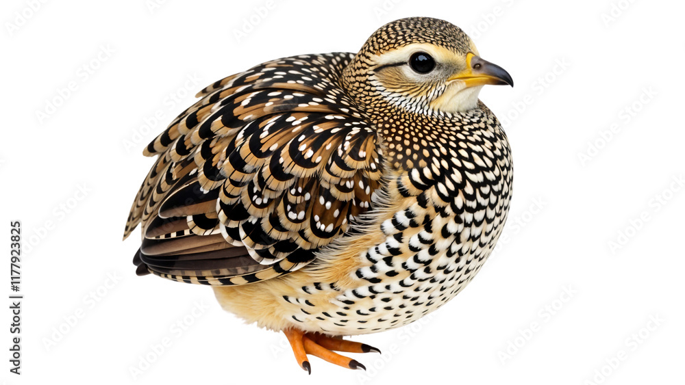 Captivating portrait of a plump spotted bird on a pristine white background. Captivating portrait of a plump spotted bird on a pristine white background.
