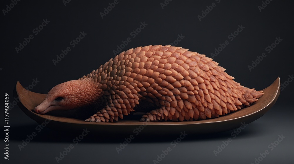 Obraz premium Pangolin on a Wooden Dish: A 3D Render of an Endangered Creature