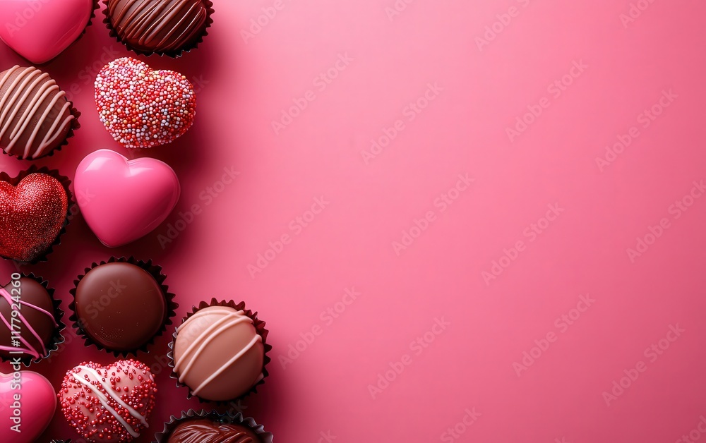 Obraz premium Indulge in a delightful array of chocolates set against a romantic pink backdrop for Valentine's Day.