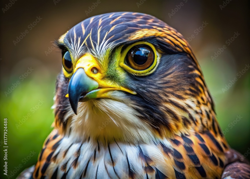 A majestic falcon's piercing gaze, sharp focus reveals intricate feathers. A majestic falcon's piercing gaze, sharp focus reveals intricate feathers.