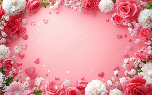 Wallpaper Mural A romantic swirl of pink and white roses envelops delicate hearts against a soft pink backdrop. Torontodigital.ca