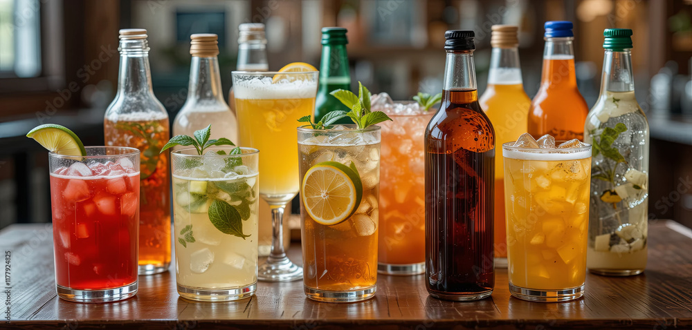 A variety of colorful drinks displayed at a lively bar, featuring a mix of cocktails and soft drinks in stylish glasses and bottles, perfect for a relaxing afternoon gathering A variety of colorful drinks displayed at a lively bar, featuring a mix of cocktails and soft drinks in stylish glasses and bottles, perfect for a relaxing afternoon gathering