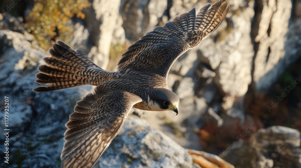 Obraz premium Majestic Peregrine Falcon in Flight over Rocky Terrain