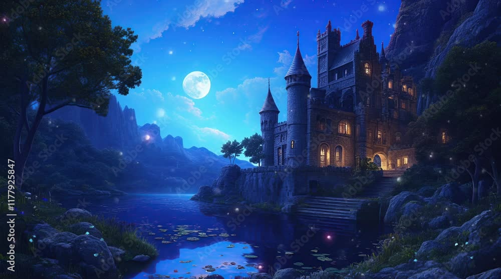 Majestic fantasy castle under a glowing full moon in a mystical night ...