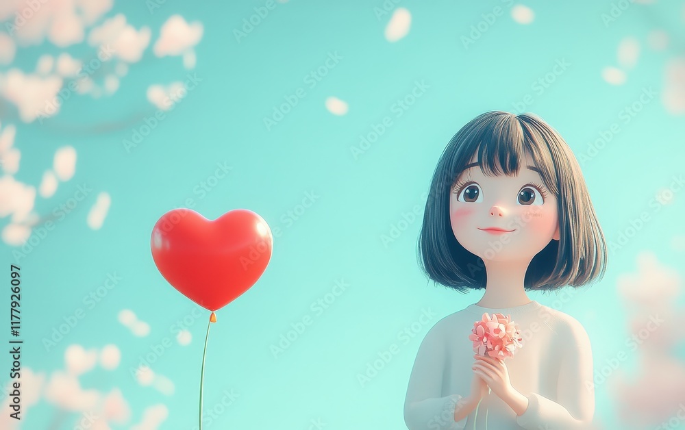 A girl joyfully clutches a vibrant red heart balloon, standing beneath a lush, enchanting tree. A girl joyfully clutches a vibrant red heart balloon, standing beneath a lush, enchanting tree.