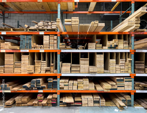 Building Material Planks of hardwood on shelf 