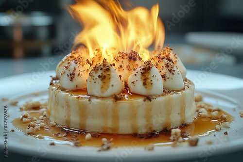 a decadent banana foster dessert is served tableside featuring flaming marshmallow fluff as part of a dramatic presentation exuding warmth and gourmet flair photo