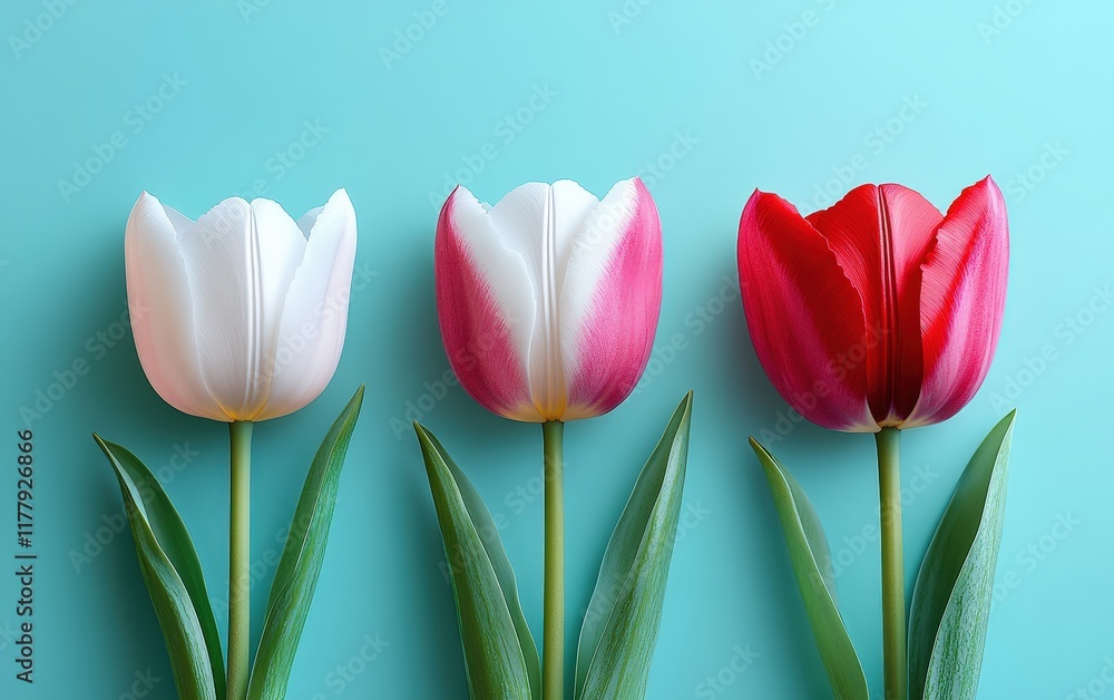 Naklejka premium Colorful tulips bloom vibrantly, creating a stunning contrast against a serene blue backdrop.