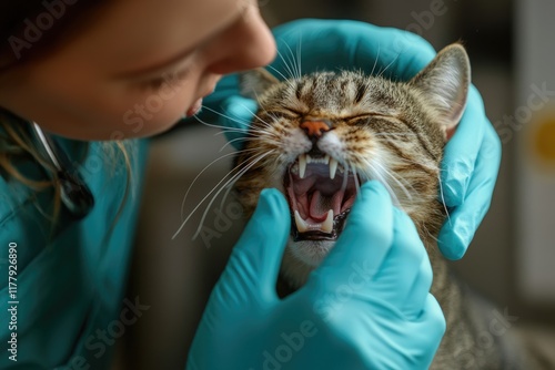 Veterinarian examining cat teeth in clinic photo