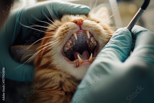 Veterinarian examining cat teeth in clinic