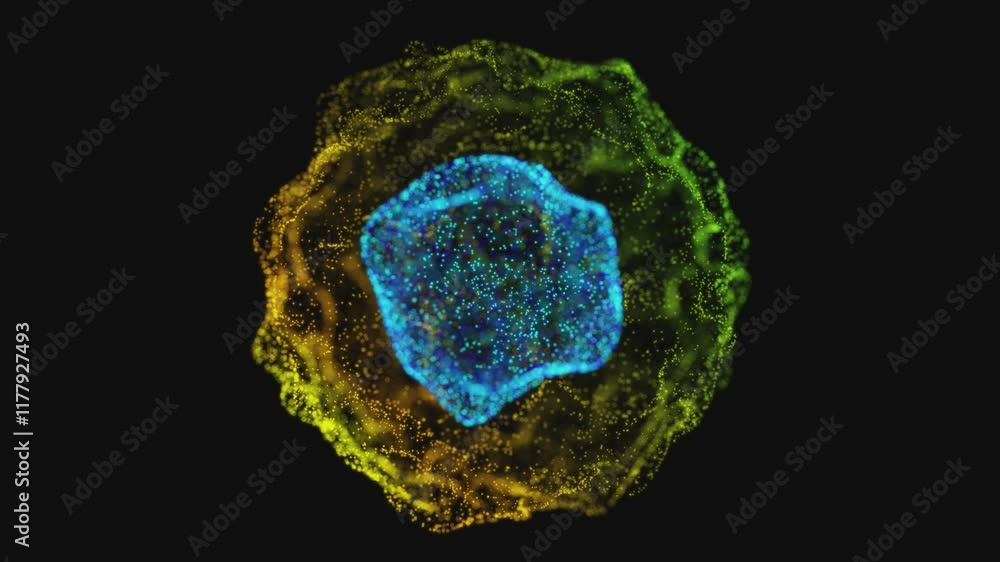 Glowing Particle Sphere with Vibrant Blue and Yellow Layers on Dark Background Glowing Particle Sphere with Vibrant Blue and Yellow Layers on Dark Background