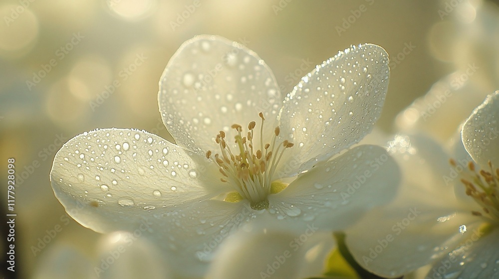 Dew-kissed white flower, spring bloom, garden, soft sunlight Dew-kissed white flower, spring bloom, garden, soft sunlight