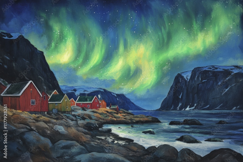 Naklejka premium Norwegian fjords, Aurora borealis in sky
