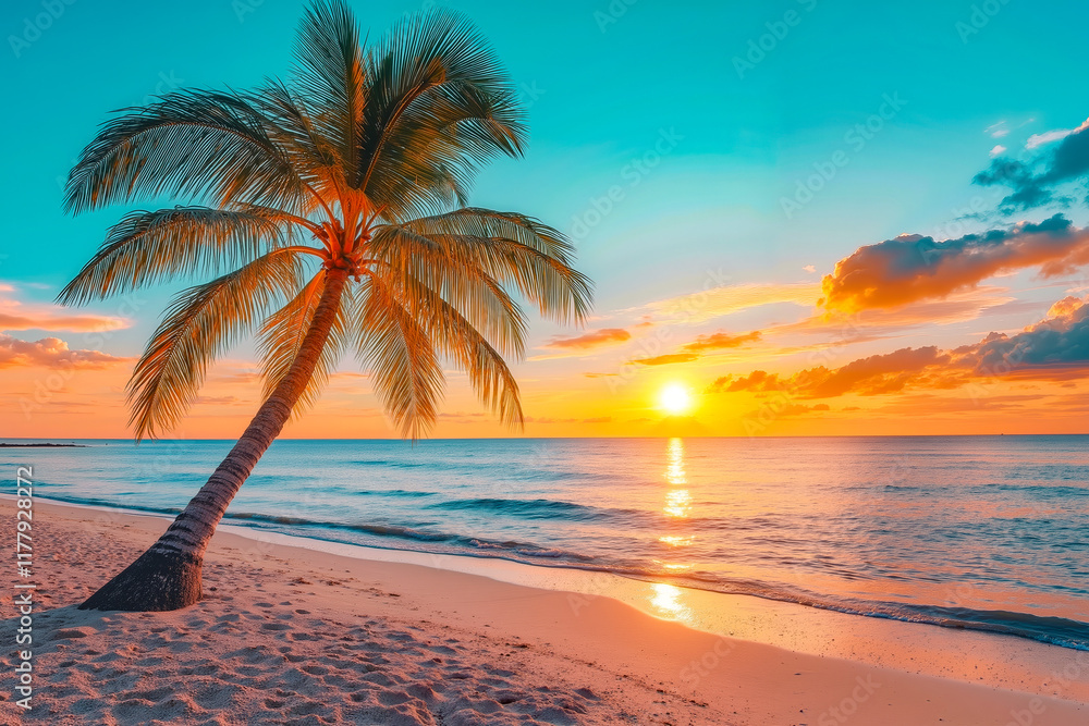 Fototapeta premium A palm tree on the beach at sunset with the sun setting in the background