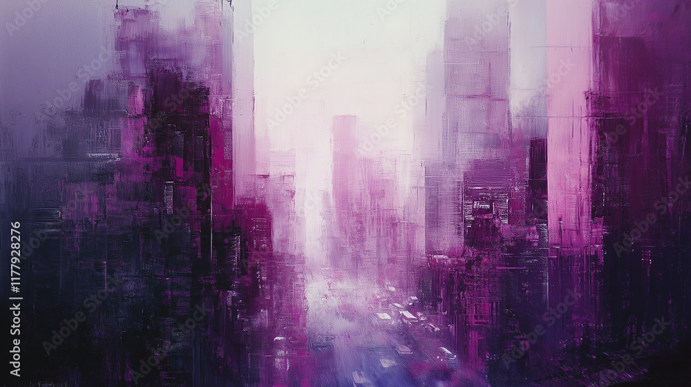 Obraz premium An expressionist portrayal of a bustling purple building cityscape, radiating the intense emotion of melancholy. Interior table design.