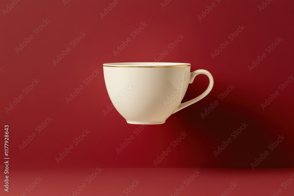 Floating white coffee cup with burgundy and gold gradient background Floating white coffee cup with burgundy and gold gradient background