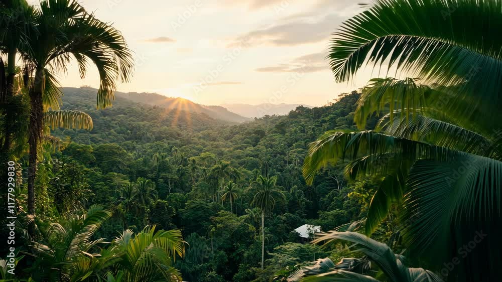 Lush tropical rainforest at sunrise showcases vibrant greenery and distant mountains