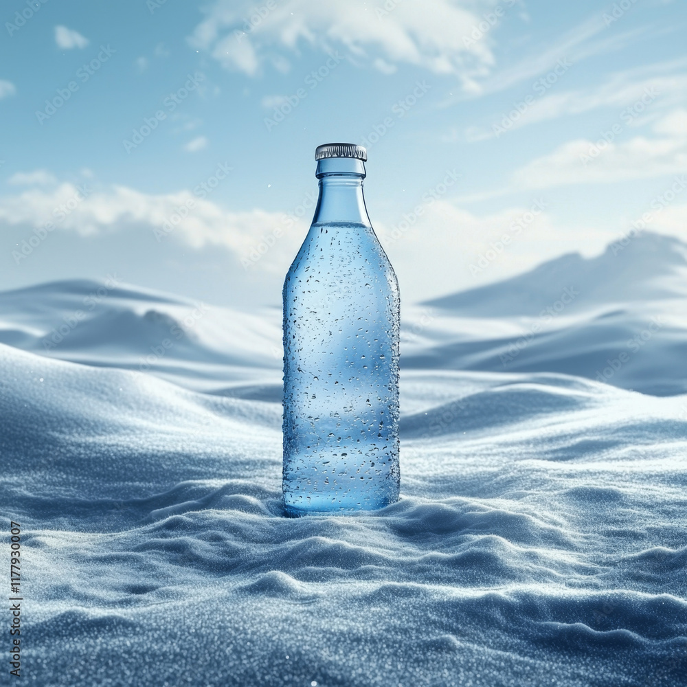 Chilled water bottle in snowy landscape. Chilled water bottle in snowy landscape.