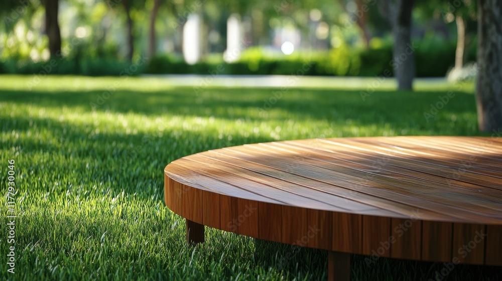Elegant Wooden Round Table in a Lush Garden Setting Elegant Wooden Round Table in a Lush Garden Setting
