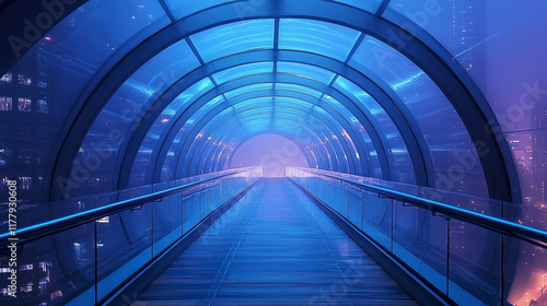 Futuristic blue glass tunnel walkway; city lights at night.