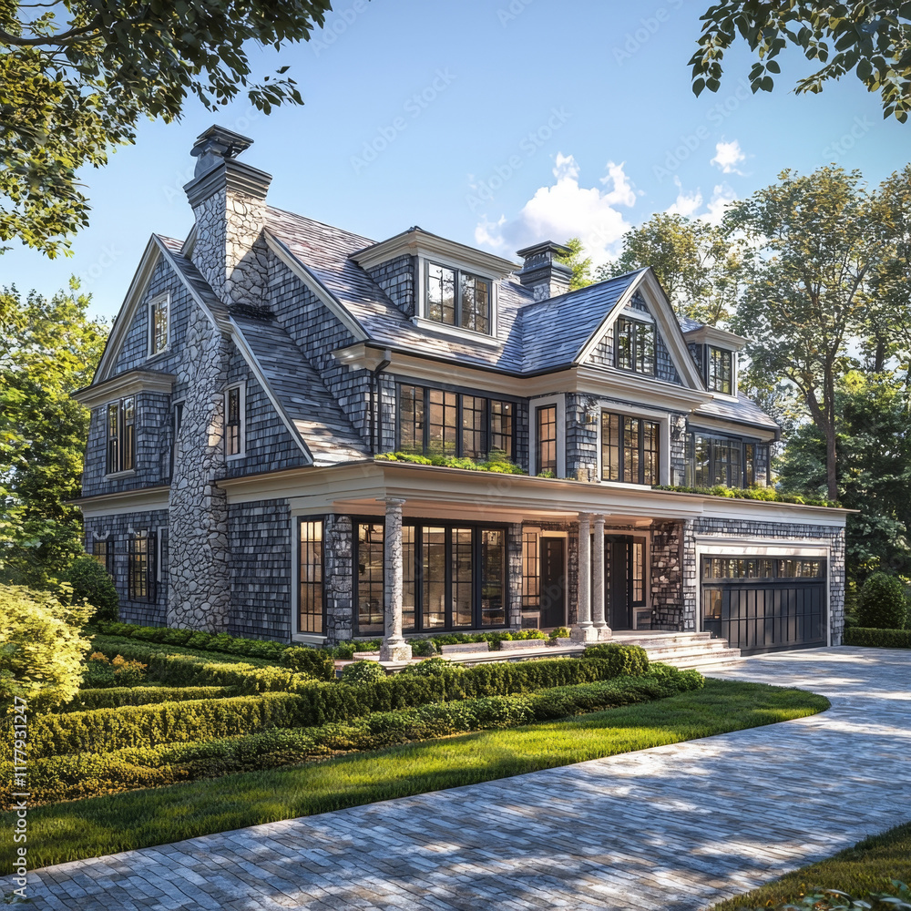 Fototapeta premium Luxury waterfront home, shingle siding, stone accents, expansive windows.