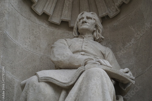 Close up of the statue of historic Austrian-Hungarian composer Franz Liszt in front of the opera house in Budapest, Hungary