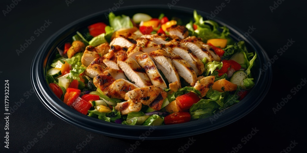 Grilled chicken salad served on fresh greens with colorful vegetables and light dressing Grilled chicken salad served on fresh greens with colorful vegetables and light dressing