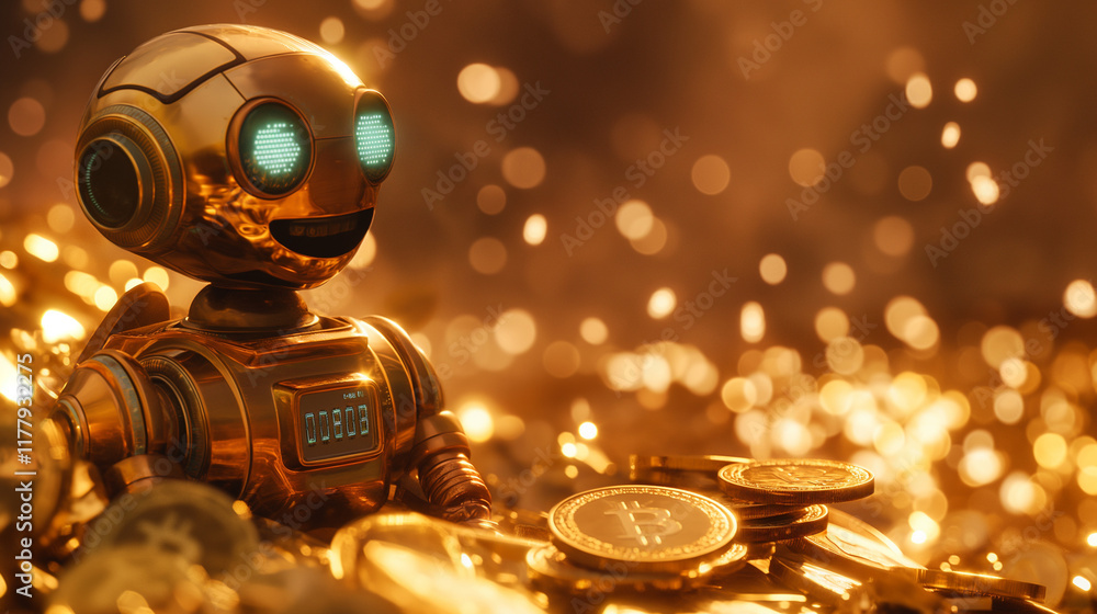Fototapeta premium Robot surrounded by golden Bitcoins.