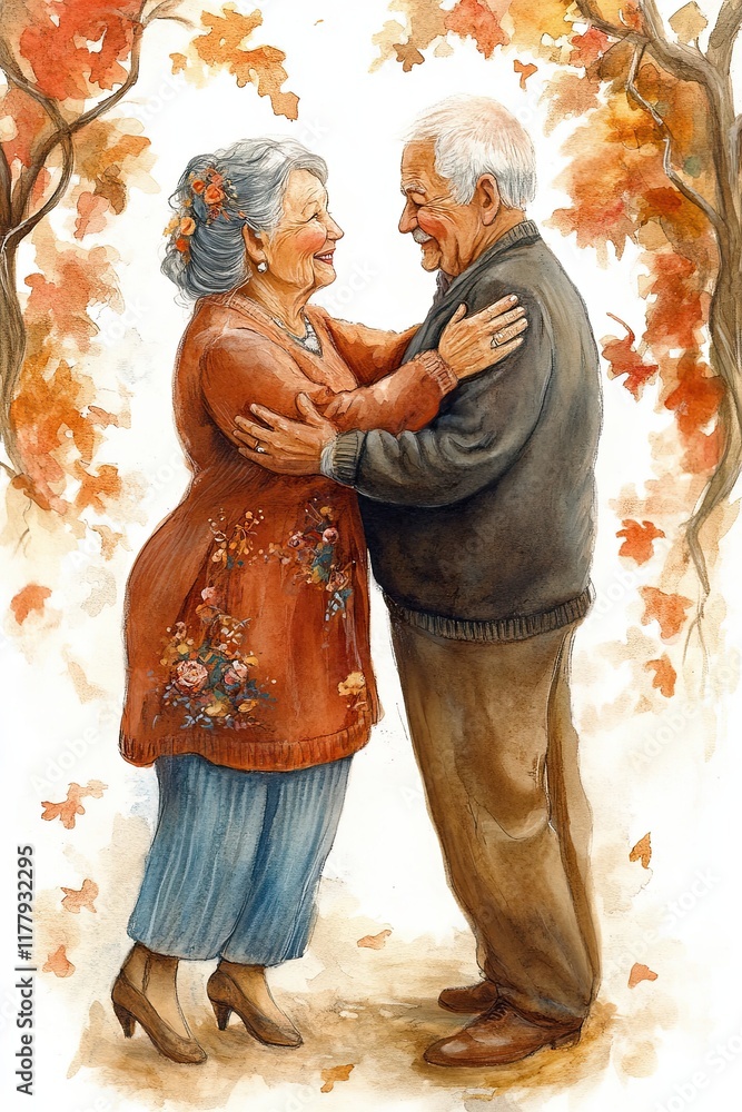 Fototapeta premium Elderly couple dancing lovingly under autumn trees with falling leaves, captured in a warm and tender watercolor illustration