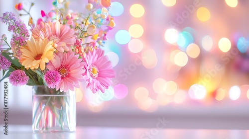 Vibrant colorful flower bouquet in glass vase on table with bokeh background.