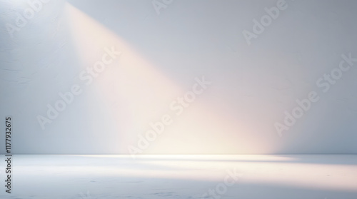 Minimal abstract light blue background for product presentation. Shadow and light from windows on plaster wall, white background. 