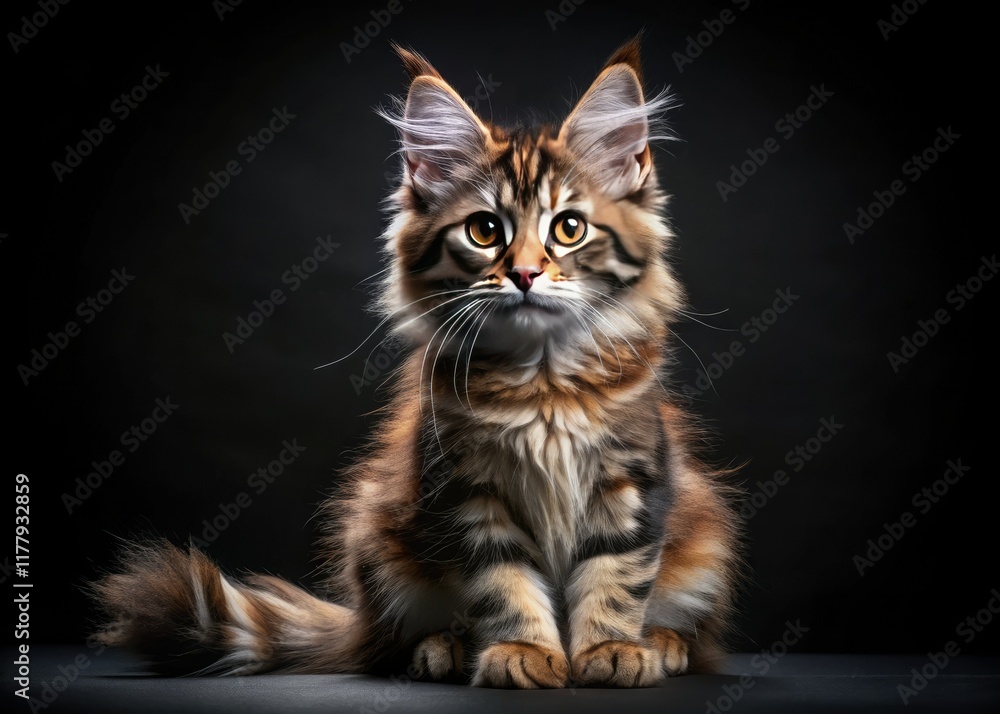 A majestic tortie Maine Coon kitten's captivating brown eyes shine against a deep black backdrop. A majestic tortie Maine Coon kitten's captivating brown eyes shine against a deep black backdrop.