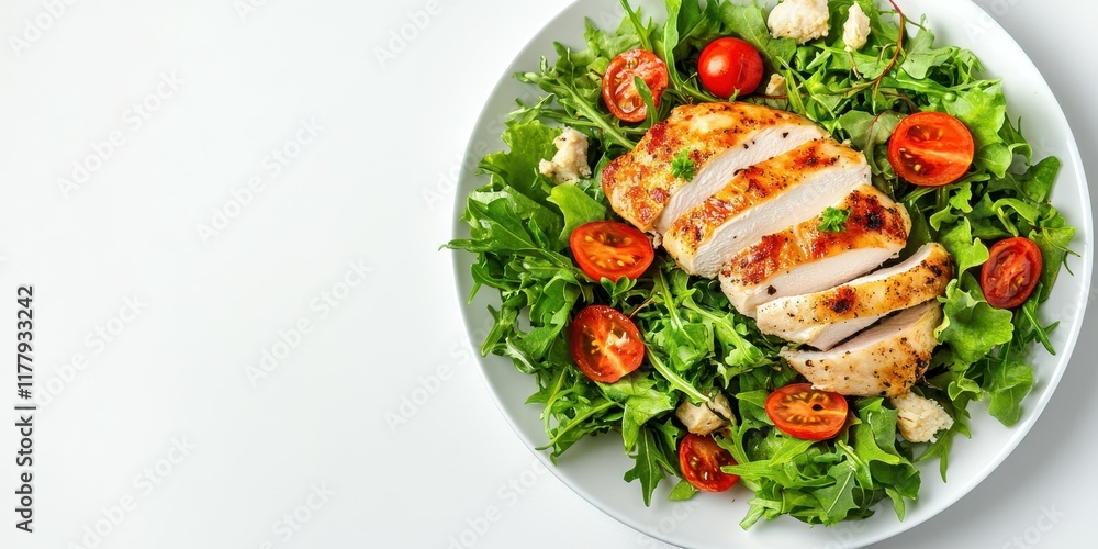Grilled chicken breast served on a bed of fresh greens and cherry tomatoes with a light dressing for a healthy meal Grilled chicken breast served on a bed of fresh greens and cherry tomatoes with a light dressing for a healthy meal