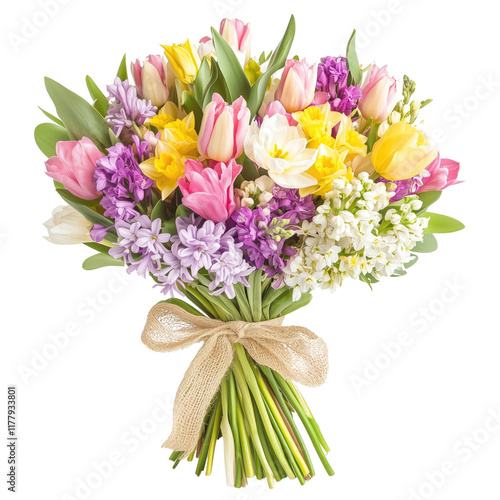 Bright spring bouquet of flowers with tulips and hyacinths on a white or transparent background