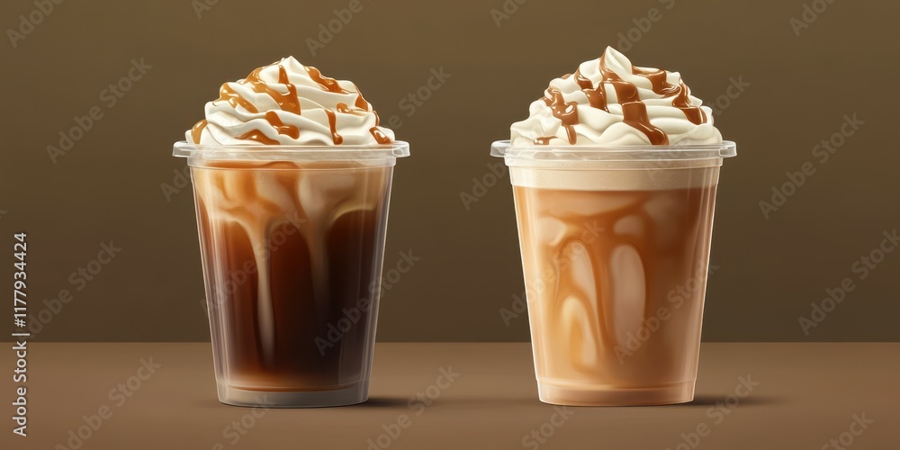 Two delicious caramel iced beverages served in clear cups with whipped cream on top, showcasing different layers of flavors and textures Two delicious caramel iced beverages served in clear cups with whipped cream on top, showcasing different layers of flavors and textures