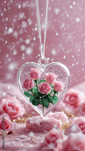 Heart shaped ornament filled with pink roses amidst a gentle snowfall for a romantic celebration of love and affection