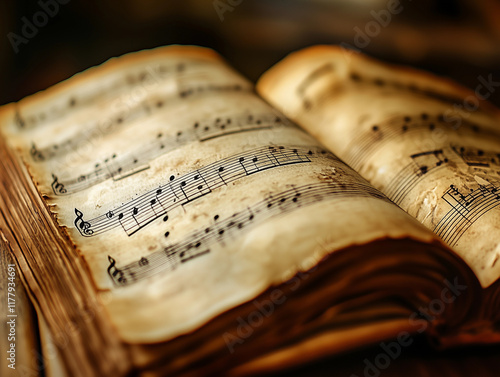 A close-up of an aged, vintage sheet music book with yellowed pages, showcasing handwritten musical notations, evoking a sense of nostalgia and timeless artistry photo