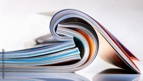 Stack of magazines curled, showcasing vibrant colors and textures.