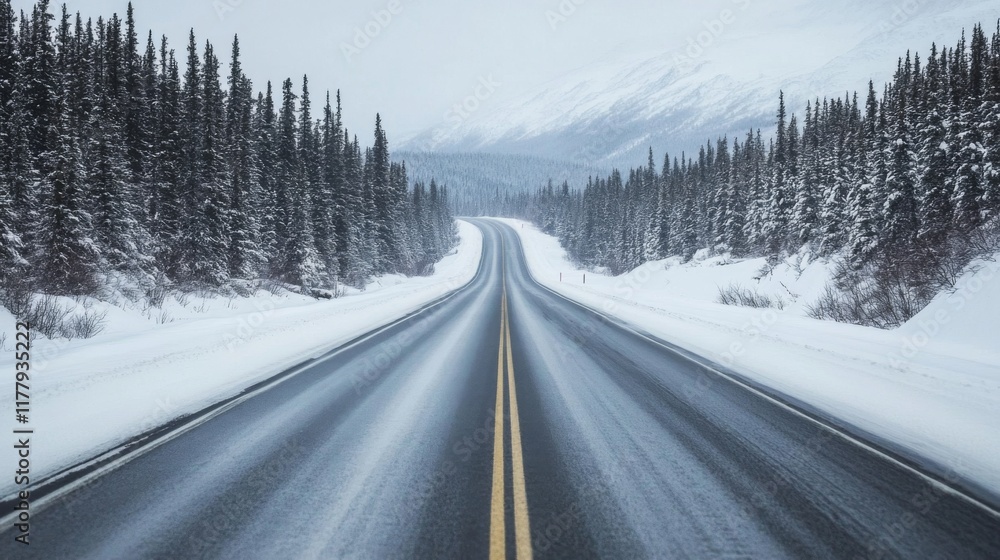 Fototapeta premium Snowy Winter Road Through a Majestic Forest