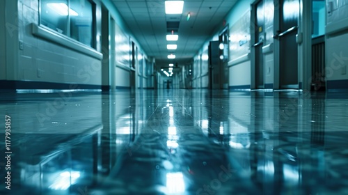 Wallpaper Mural Empty hospital corridor reflecting overhead lights. Torontodigital.ca