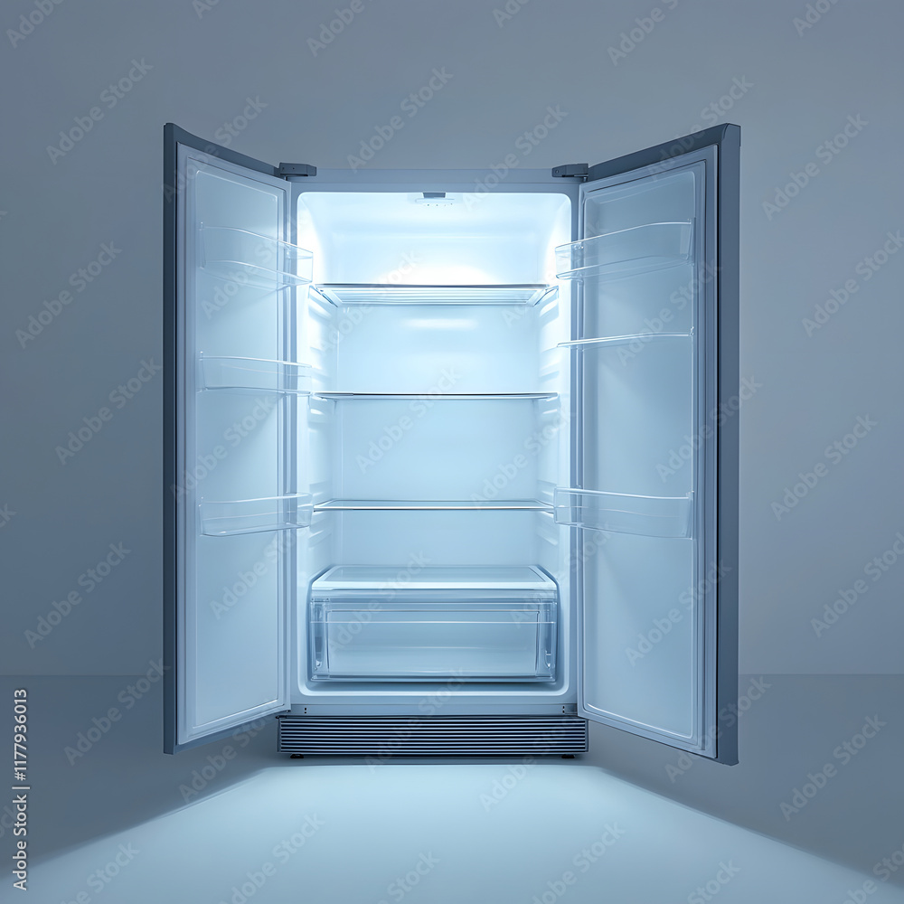 Open Empty Freezer Fridge with Clean White Lighting and Minimalist Design Open Empty Freezer Fridge with Clean White Lighting and Minimalist Design