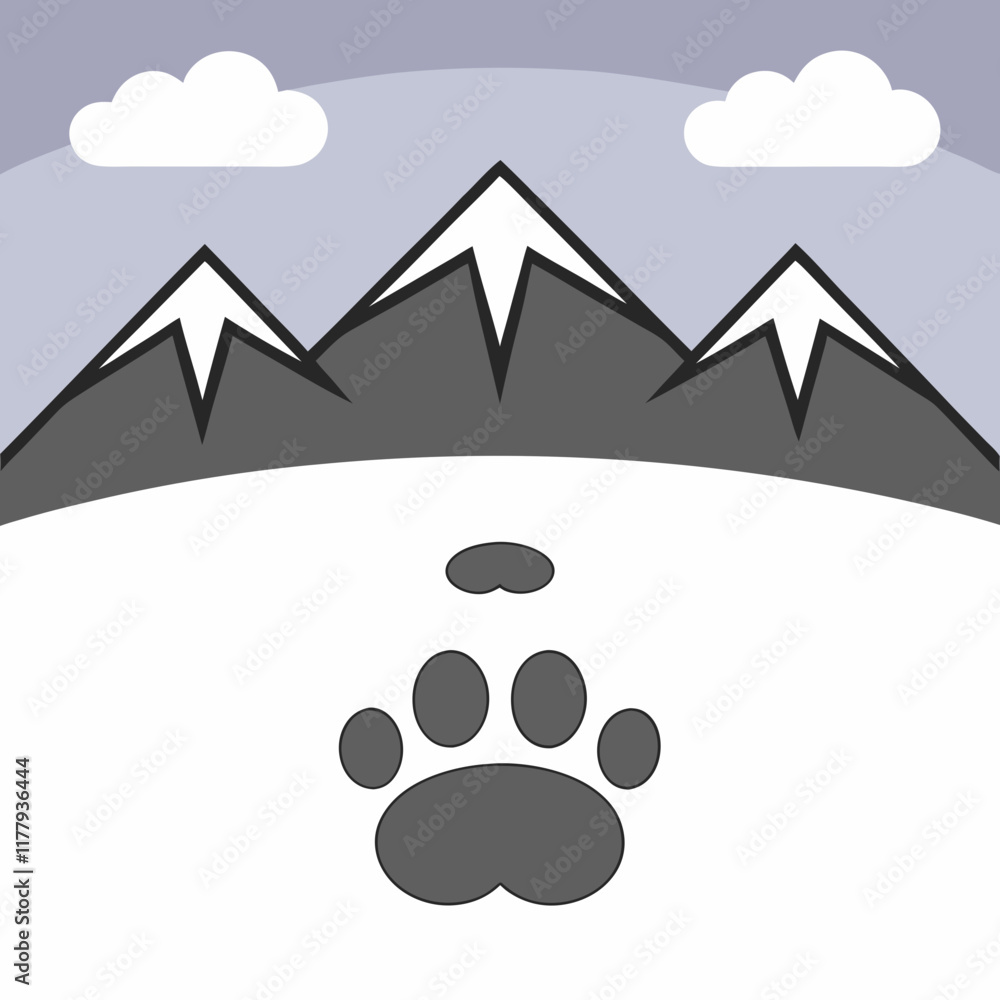Bear tracks in snow leading toward a majestic mountain under a serene winter sky. Bear tracks in snow leading toward a majestic mountain under a serene winter sky.