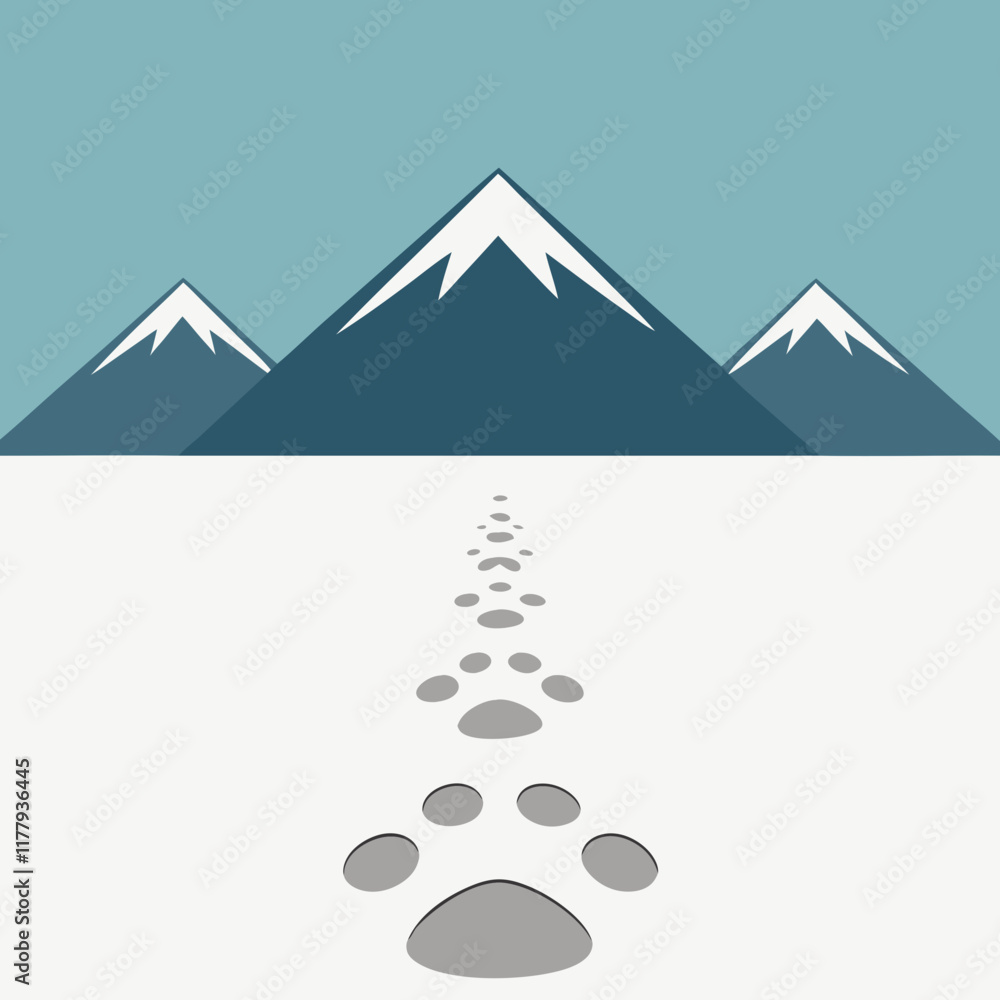 Bear tracks in snow leading toward a majestic mountain under a serene winter sky. Bear tracks in snow leading toward a majestic mountain under a serene winter sky.