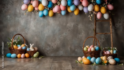 Backdrop for photo studio with easter interior for kids and family photo sessions. Happy Easter